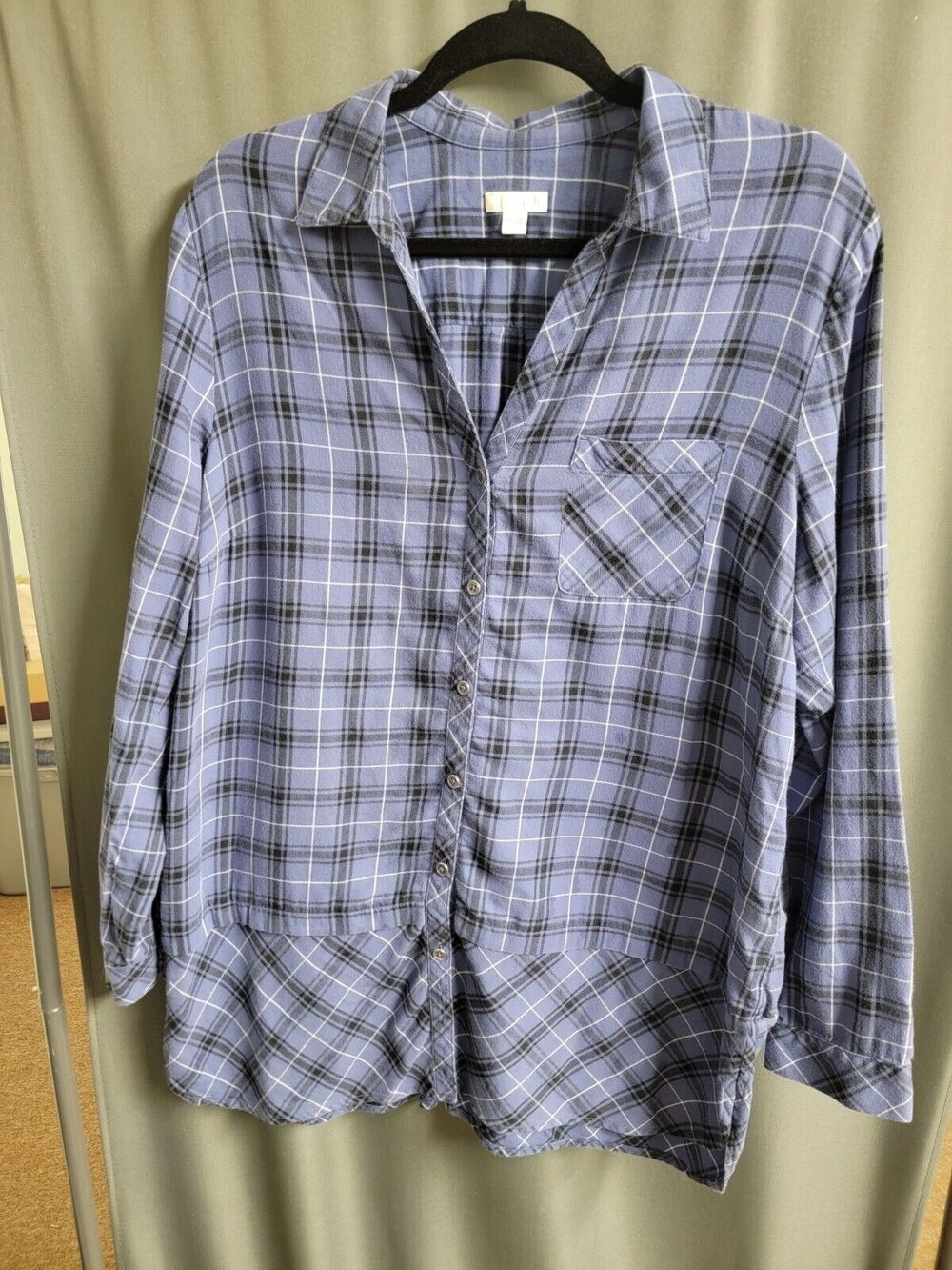J.Jill Shirt Women's Large Blue Black Striped 100% Cotton Button Up Long Sleeve